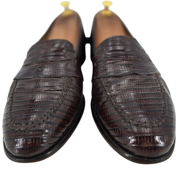Neiman Marcus Exotic Teju Lizard Brown Dress Shoes Men 8.5 Handmade Penny Loafer - Picture 9 of 11